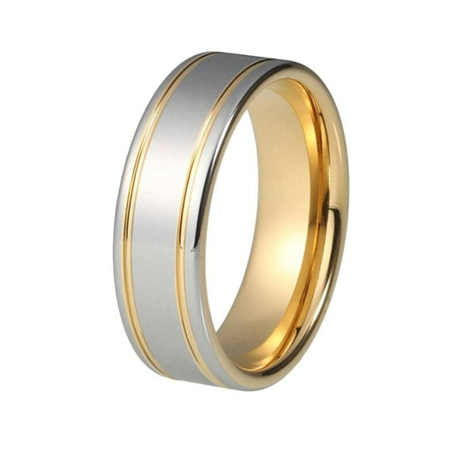 Silver and Yellow Gold Double Grooved Tungsten Wedding Band Ring for Men