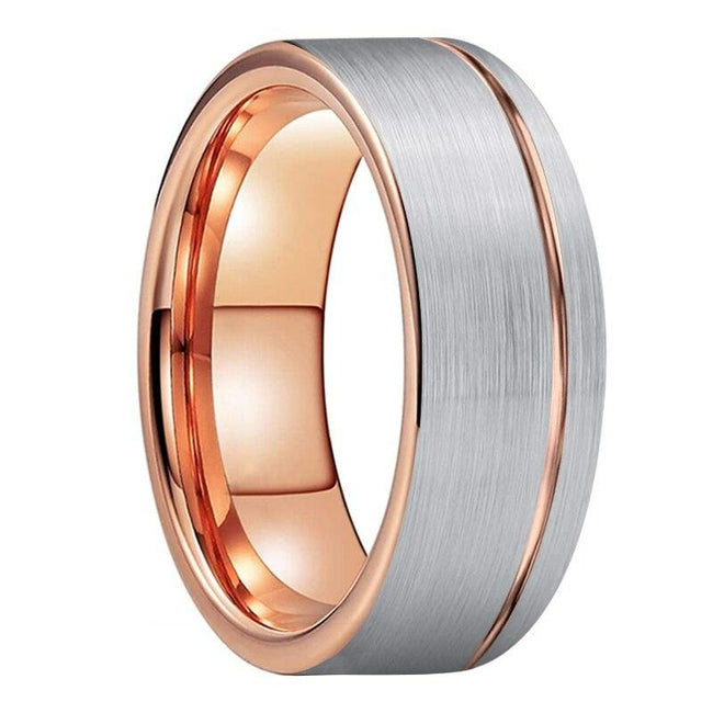 Rose Gold and Silver Offset Grooved Tungsten Wedding Band Ring for Men