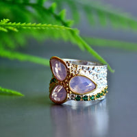 Tri Pink Zirconia Two Tone Colors Geometric Ring, Silver Gold Plated Green Diamond Simulant Wedding Ring for Women