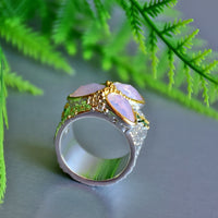 Tri Pink Zirconia Two Tone Colors Geometric Ring, Silver Gold Plated Green Diamond Simulant Wedding Ring for Women