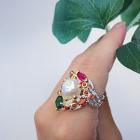 Infinity Color Diamonds Pearl Wedding Ring, Green Pink Zirconia Cocktail Ring for Women