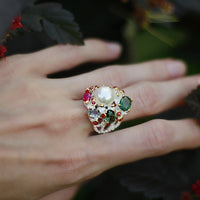 Infinity Color Diamonds Pearl Wedding Ring, Green Pink Zirconia Cocktail Ring for Women