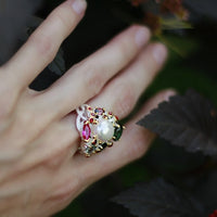 Infinity Color Diamonds Pearl Wedding Ring, Green Pink Zirconia Cocktail Ring for Women
