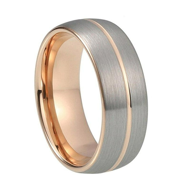 Rose Gold and Matte Silver Grooved Tungsten Wedding Band Ring for Men