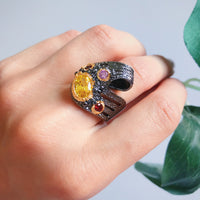 Twisted Ribbon Unique Design Black Cocktail Ring, Gold Pink Red Diamond Simulant Wedding Ring