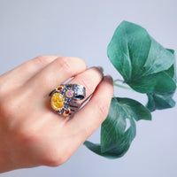 Twisted Ribbon Unique Design Black Cocktail Ring, Gold Pink Red Diamond Simulant Wedding Ring