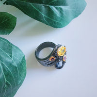 Twisted Ribbon Unique Design Black Cocktail Ring, Gold Pink Red Diamond Simulant Wedding Ring