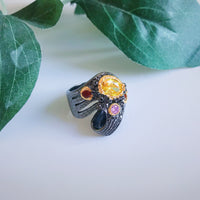 Twisted Ribbon Unique Design Black Cocktail Ring, Gold Pink Red Diamond Simulant Wedding Ring