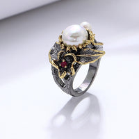 Pearl Flower Design Wedding Ring, Black and Gold Color Cocktail Ring for Women