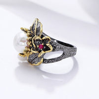 Pearl Flower Design Wedding Ring, Black and Gold Color Cocktail Ring for Women