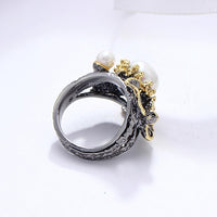 Pearl Flower Design Wedding Ring, Black and Gold Color Cocktail Ring for Women