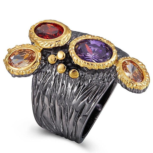 Multi Color Cubic Zirconia Gothic Wedding Ring for Women, Orange Red Purple Vintage Ring