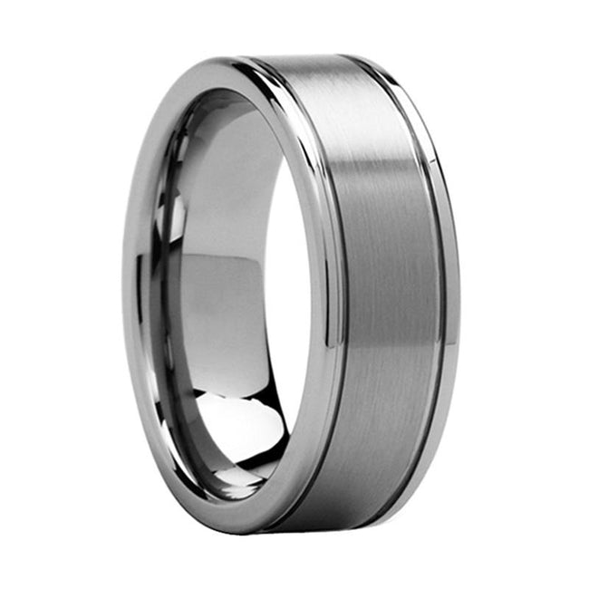 Silver Matte Finish Grooved Tungsten Wedding Band Ring for Men