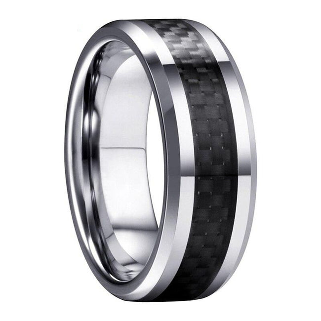 Silver Tungsten Mens Wedding Band Ring with Black Carbon Fiber Inlay