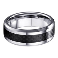 Silver Tungsten Mens Wedding Band Ring with Black Carbon Fiber Inlay