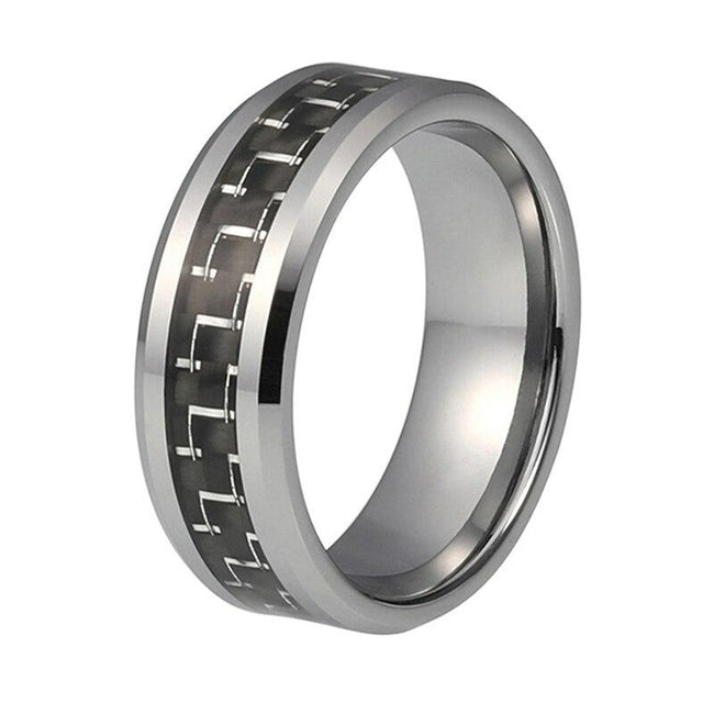 Silver and Black Carbon Fiber Tungsten Mens Wedding Band Ring