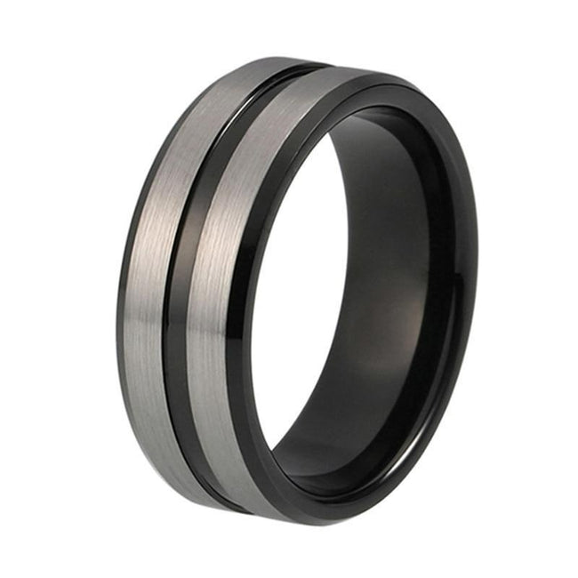 Silver and Black Center Grooved Tungsten Wedding Band Ring for Men