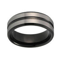 Silver and Black Center Grooved Tungsten Wedding Band Ring for Men