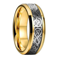 Gold Celtic Dragon Tungsten Mens Wedding Band Ring with Black Carbon Fiber Inlay