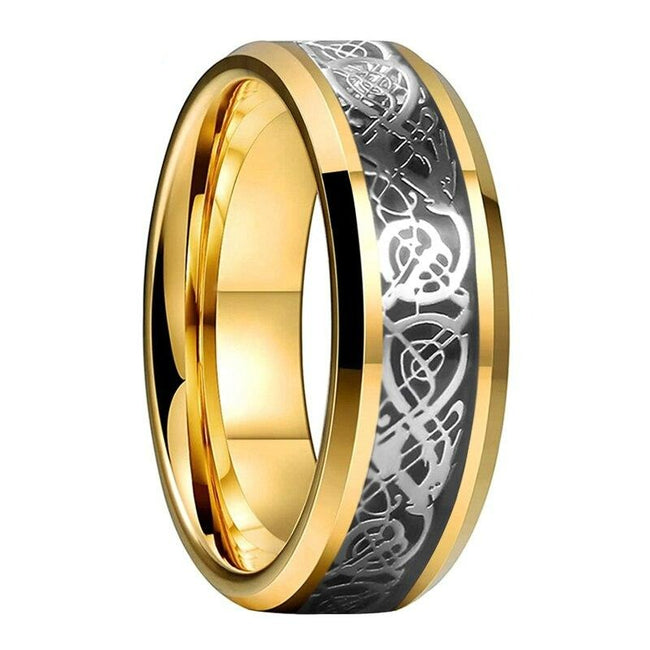 Gold Celtic Dragon Tungsten Mens Wedding Band Ring with Black Carbon Fiber Inlay