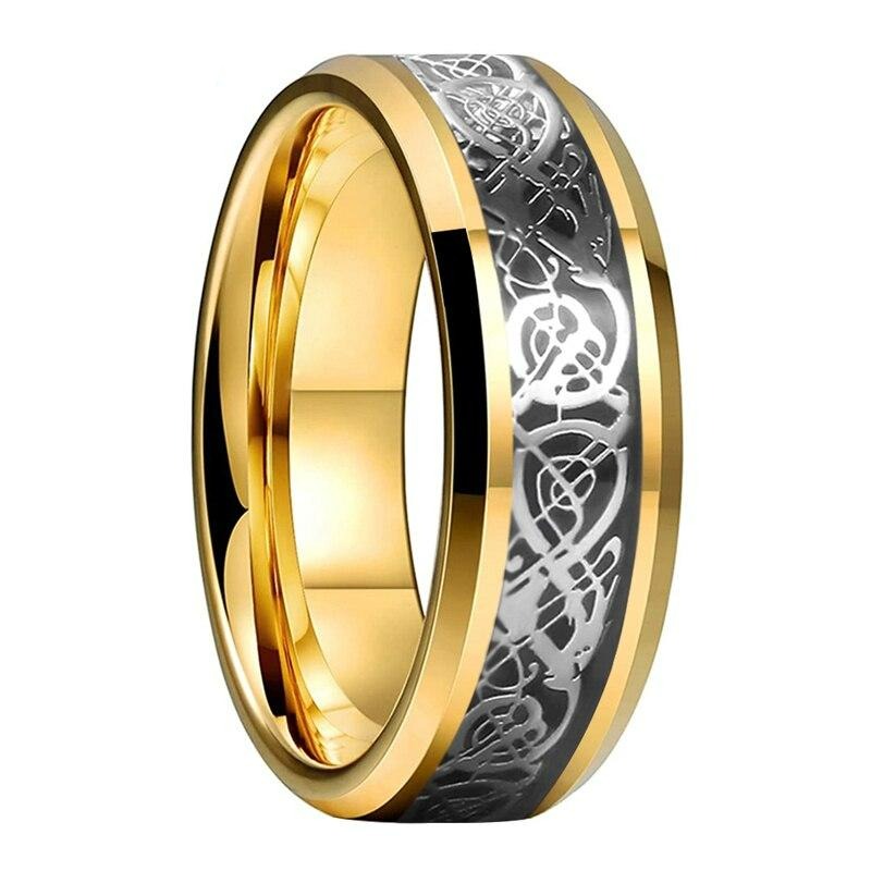Tungsten Carbide Men's Celtic Dragon Wedding Band – 8mm Comfort Fit With Gold Inlay - View #7