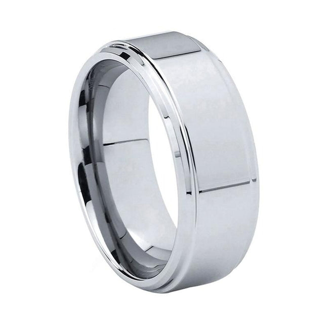 Silver Polished Stepped Edges Couple Tungsten Wedding Band Ring for Men and Women