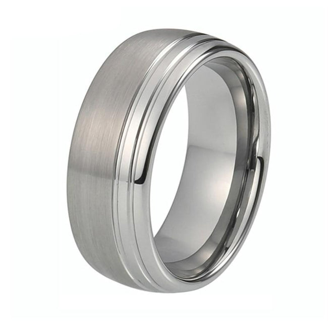 Silver Offset Grooves Tungsten Wedding Band Ring for Men with Brushed Finish