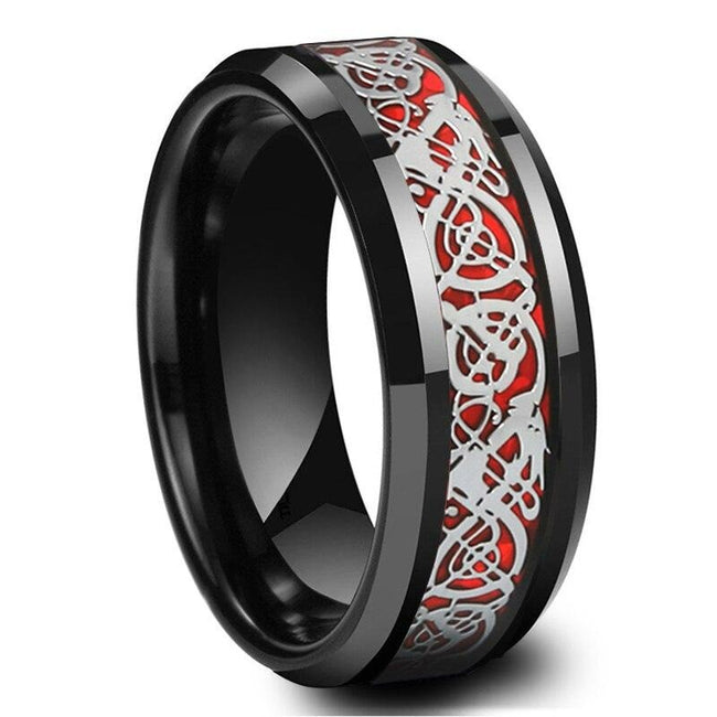 Black Celtic Dragon Tungsten Mens Wedding Band Ring with Red Carbon Fiber Inlay