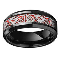 Black Celtic Dragon Tungsten Mens Wedding Band Ring with Red Carbon Fiber Inlay