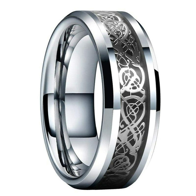 Silver Celtic Dragon Tungsten Mens Wedding Band Ring with Black Carbon Fiber Inlay