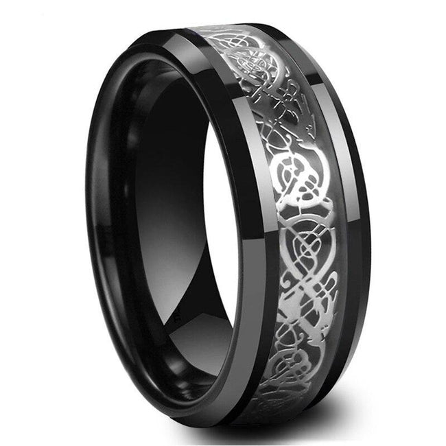 Black and Silver Celtic Dragon Tungsten Mens Wedding Band Ring