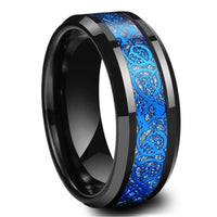 Black Celtic Dragon Tungsten Mens Wedding Band Ring with Blue Carbon Fiber Inlay