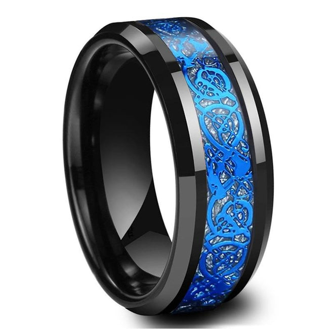 Black Celtic Dragon Tungsten Mens Wedding Band Ring with Blue Carbon Fiber Inlay