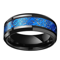 Black Celtic Dragon Tungsten Mens Wedding Band Ring with Blue Carbon Fiber Inlay