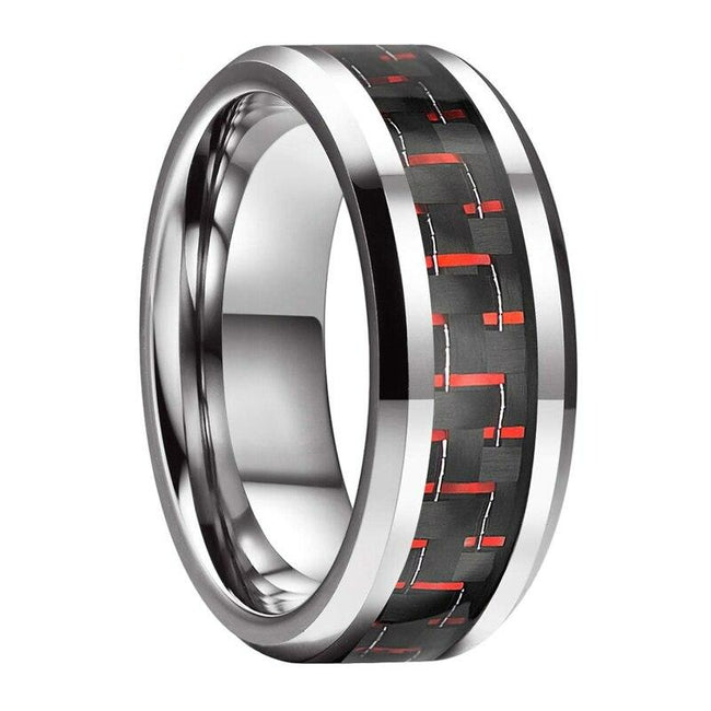 Silver with Black and Red Carbon Fiber Tungsten Mens Wedding Band Ring