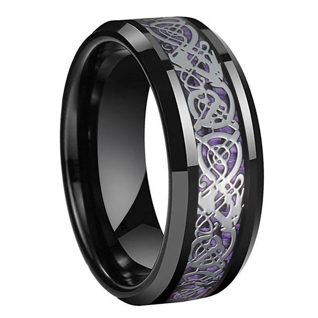 Black Celtic Dragon Tungsten Mens Wedding Band Ring with Purple Carbon Fiber Inlay