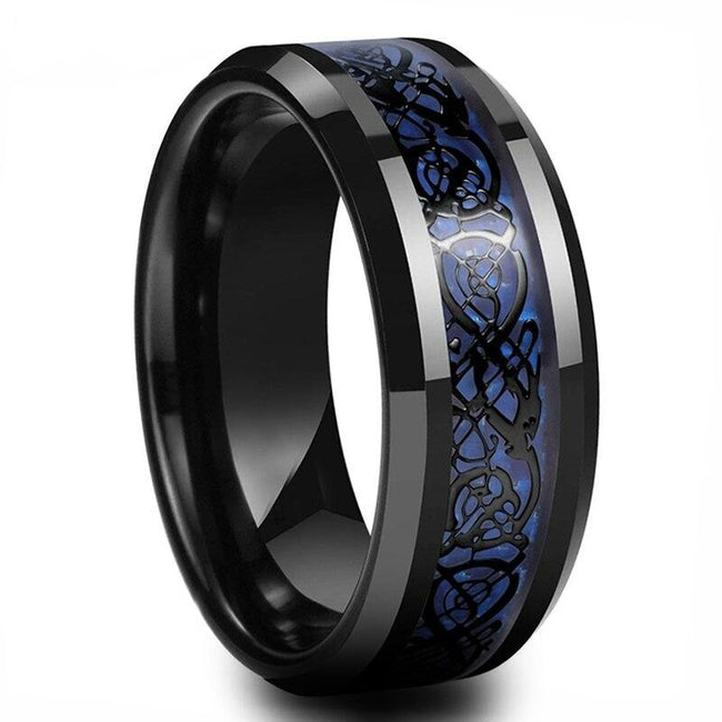 Black Celtic Dragon Tungsten Mens Wedding Band Ring with Blue Carbon Fiber Inlay