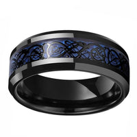 Black Celtic Dragon Tungsten Mens Wedding Band Ring with Blue Carbon Fiber Inlay