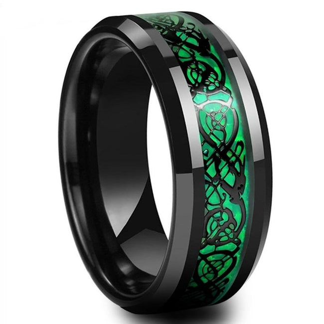 Black Green Celtic Dragon Tungsten Mens Wedding Band Ring