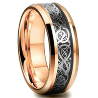 Rose Gold Celtic Dragon Tungsten Mens Wedding Band Ring with Black Carbon Fiber Inlay