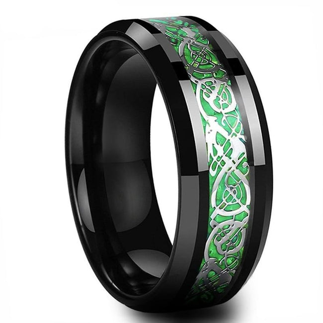 Black Celtic Dragon Tungsten Mens Wedding Band Ring with Green Carbon Fiber Inlay