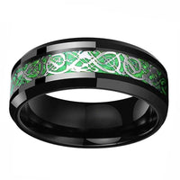 Black Celtic Dragon Tungsten Mens Wedding Band Ring with Green Carbon Fiber Inlay
