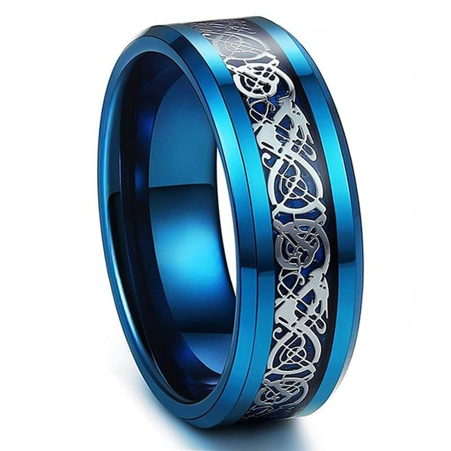 Blue Celtic Dragon Tungsten Mens Wedding Band Ring with Silver Carbon Fiber Inlay