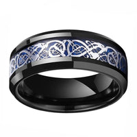 Black Celtic Dragon Tungsten Mens Wedding Band Ring with Blue Carbon Fiber Inlay