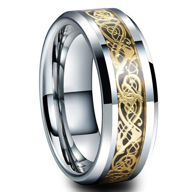 Black with Gold Celtic Dragon Tungsten Mens Wedding Band Ring