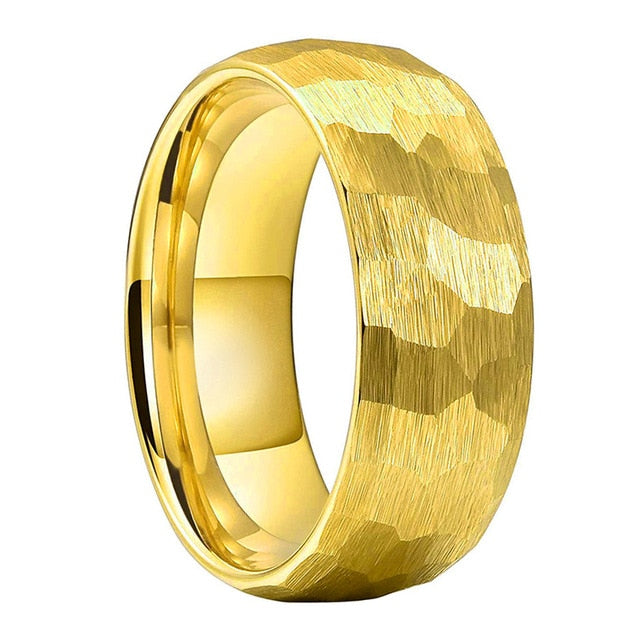 Yellow Gold Hammered Couple Tungsten Wedding Band Ring for Men and Women