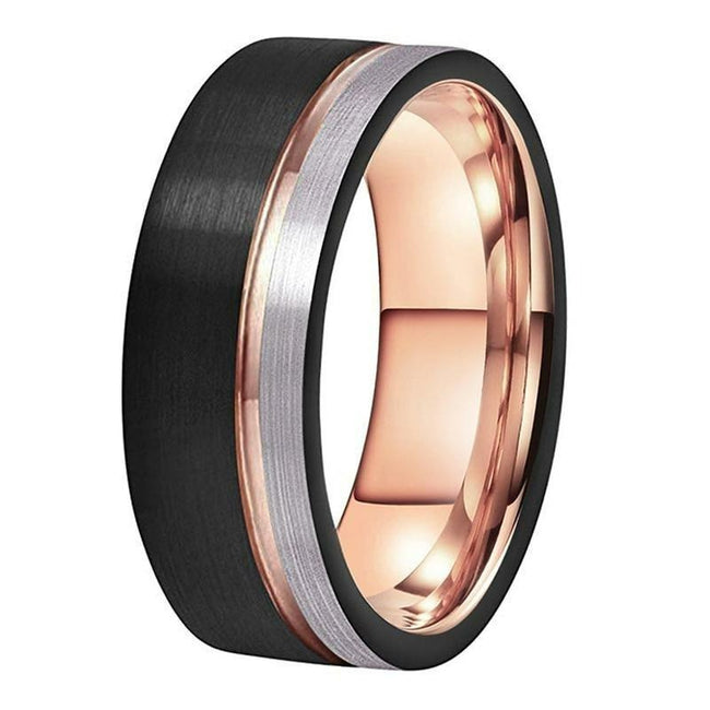 Rose Gold Grooved Tungsten Wedding Band Ring for Men with Black and Silver Brushed Finish