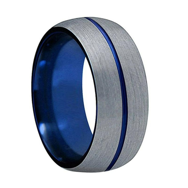 Silver and Blue Grooved Tungsten Wedding Band Ring for Men