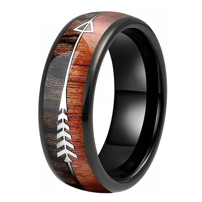 Black Koa Wood and Arrow Inlay Tungsten Mens Wedding Band Ring