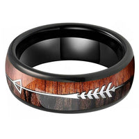 Black Koa Wood and Arrow Inlay Tungsten Mens Wedding Band Ring